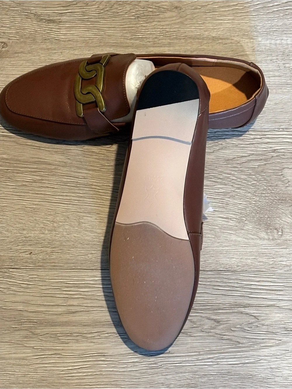 Women Brown Leather Slip-On Loafers with Gold Chain Accent